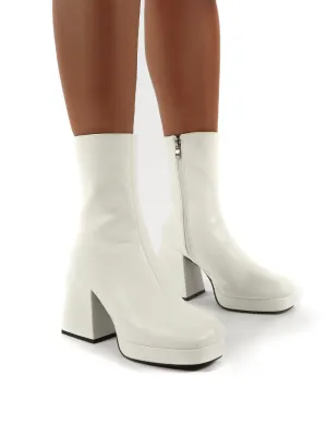 Addilyn White Chunky Heel Ankle Boots