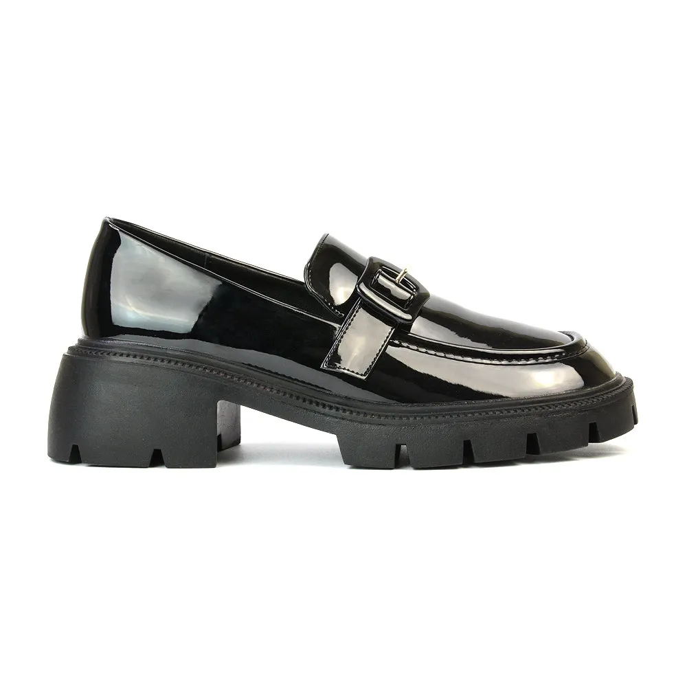 Adelaide School Shoes Buckle Chunky Platform Block Heel Loafers in Brown Patent