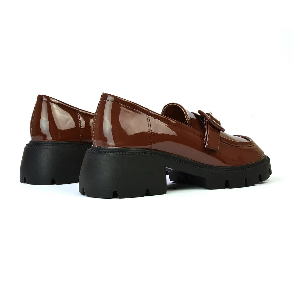 Adelaide School Shoes Buckle Chunky Platform Block Heel Loafers in Brown Patent