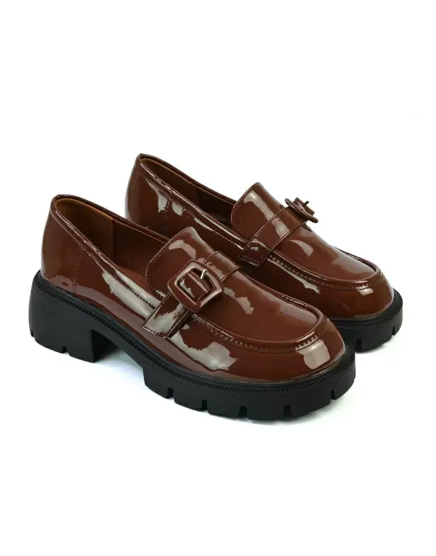 Adelaide School Shoes Buckle Chunky Platform Block Heel Loafers in Brown Patent