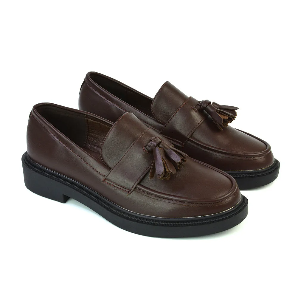 Alida Chunky Loafers Tassel Back To School Flat Shoes in Brown Synthetic Leather