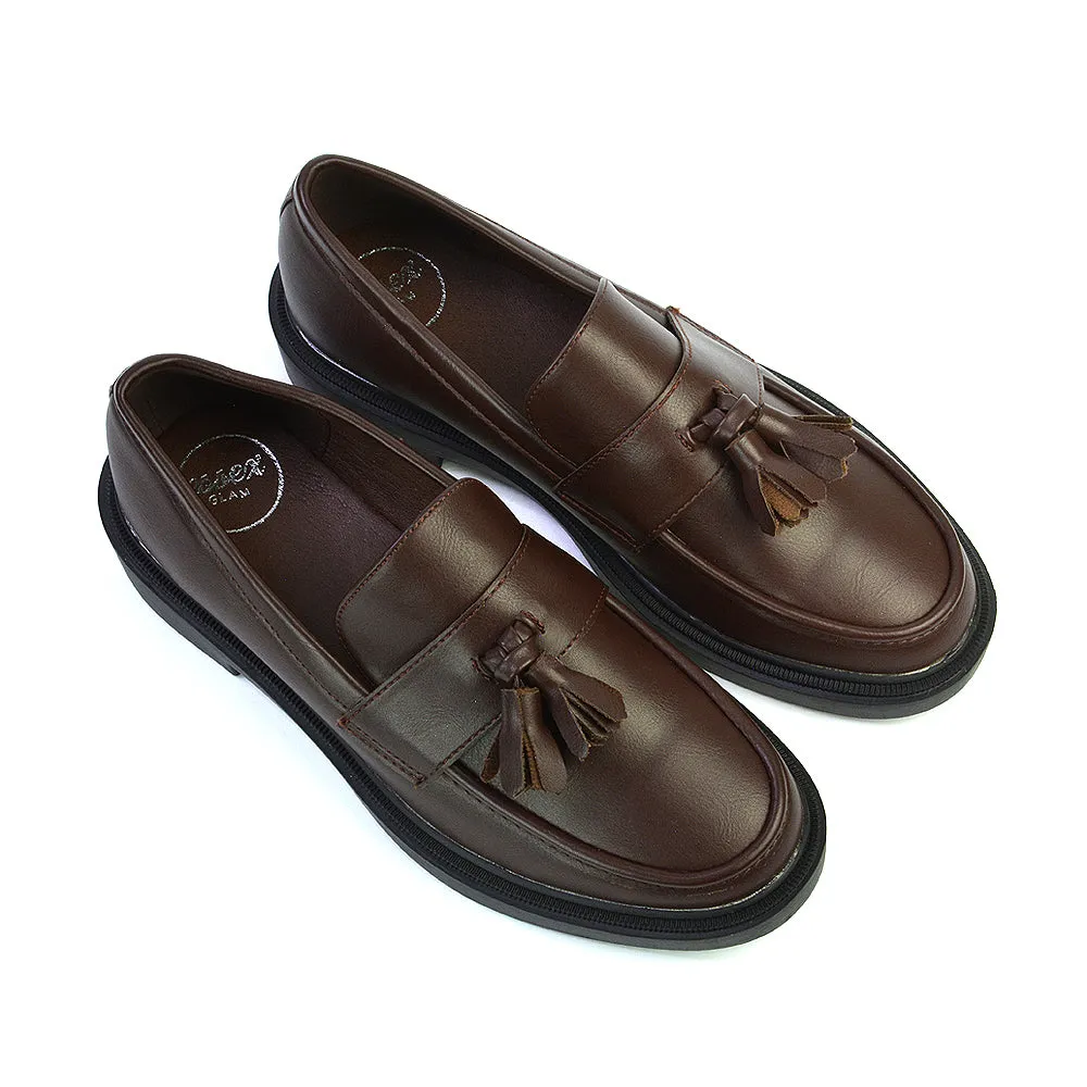 Alida Chunky Loafers Tassel Back To School Flat Shoes in Brown Synthetic Leather