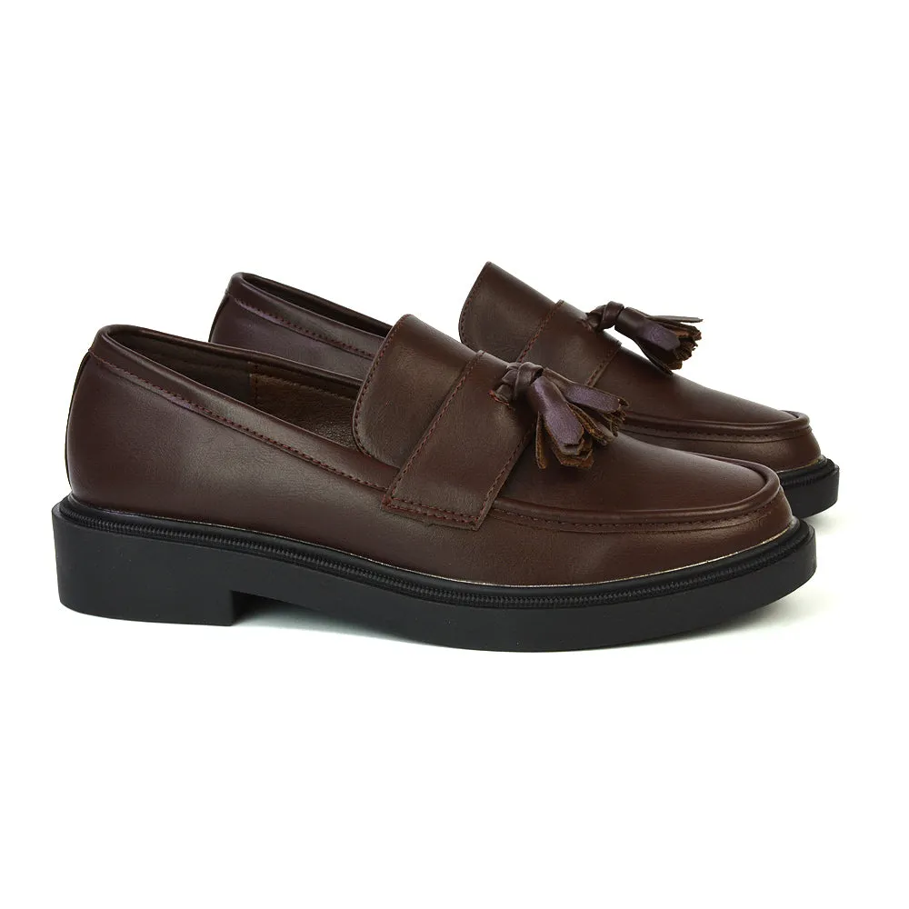 Alida Chunky Loafers Tassel Back To School Flat Shoes in Brown Synthetic Leather