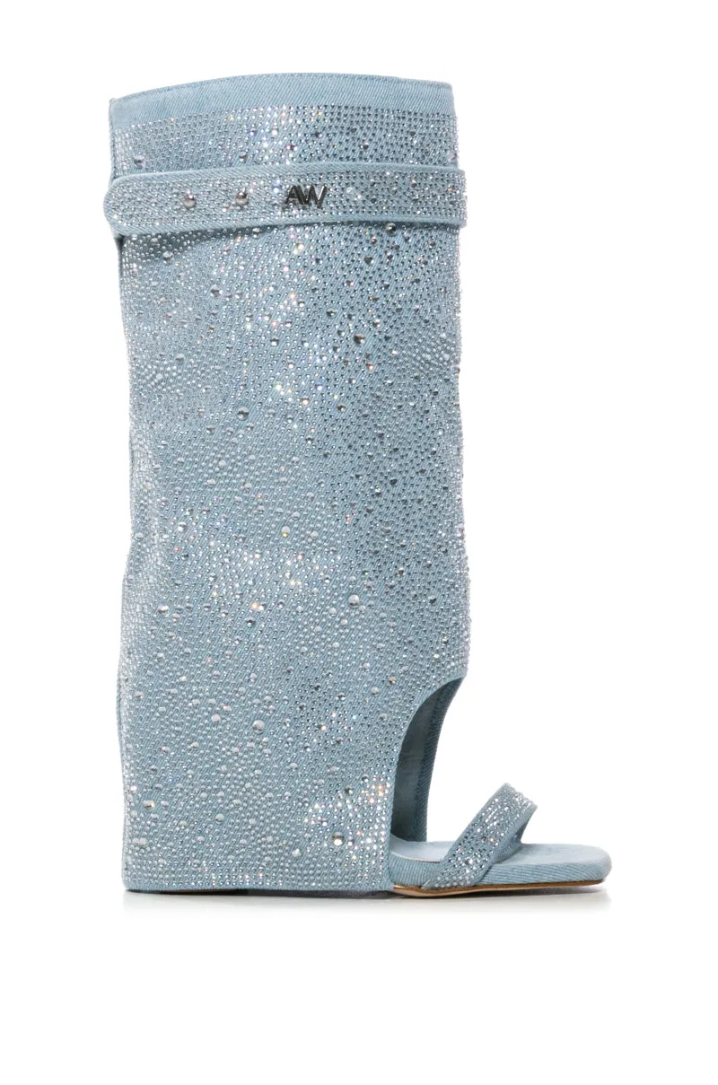 AZALEA WANG DESARAY RHINESTONE OPEN TOE SANDAL BOOTIE IN DENIM