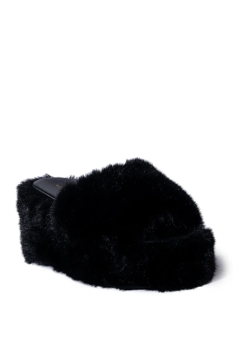 AZALEA WANG MINNA FUR FLATFORM SANDAL IN BLACK