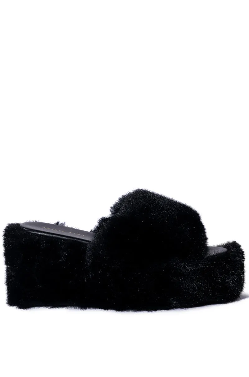 AZALEA WANG MINNA FUR FLATFORM SANDAL IN BLACK