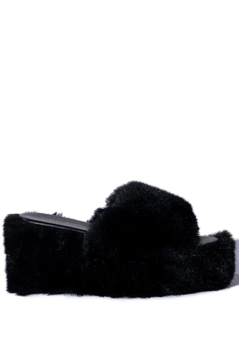 AZALEA WANG MINNA FUR FLATFORM SANDAL IN BLACK