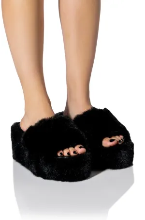 AZALEA WANG MINNA FUR FLATFORM SANDAL IN BLACK