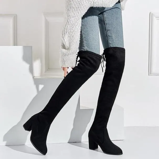 Black thigh high chunky boots elasitc suede over the knee boots