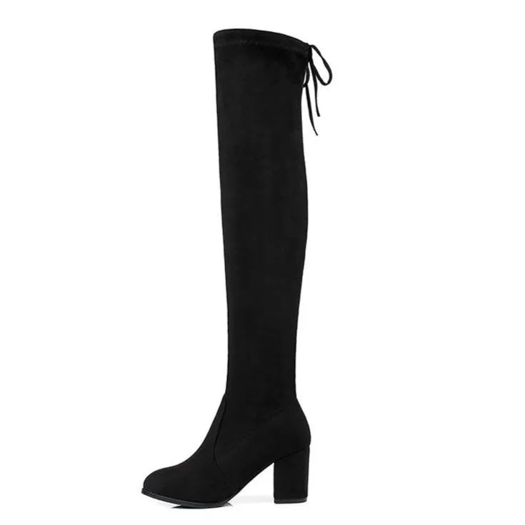 Black thigh high chunky boots elasitc suede over the knee boots