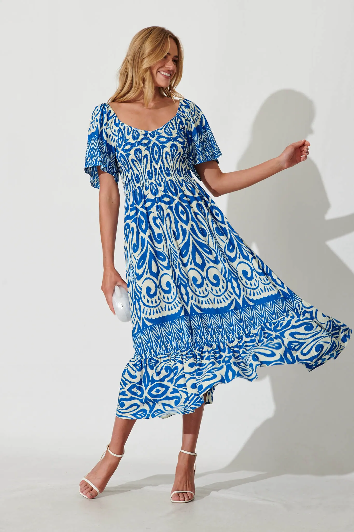 Carmella Maxi Dress In White And Blue Border Print