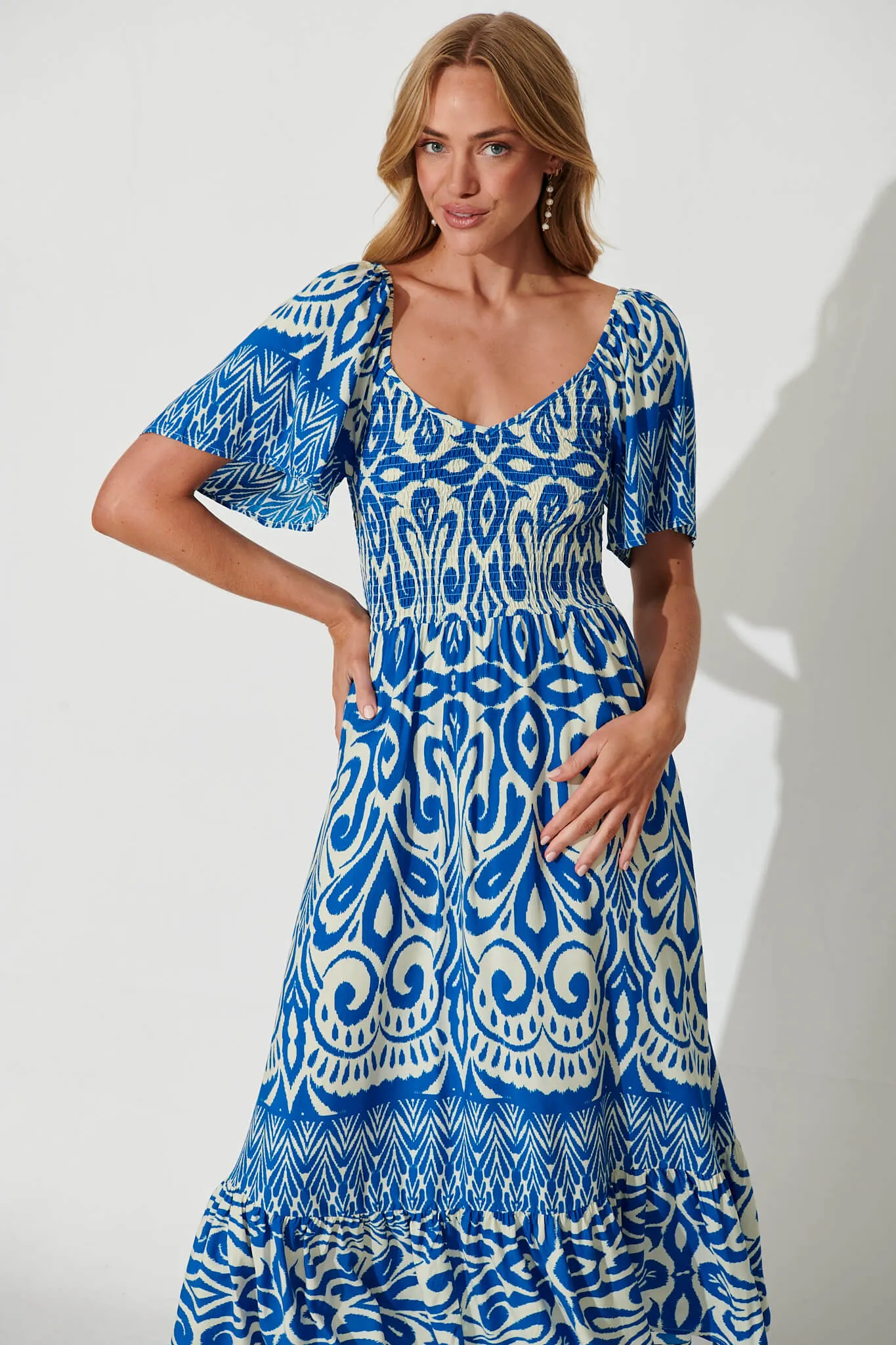 Carmella Maxi Dress In White And Blue Border Print