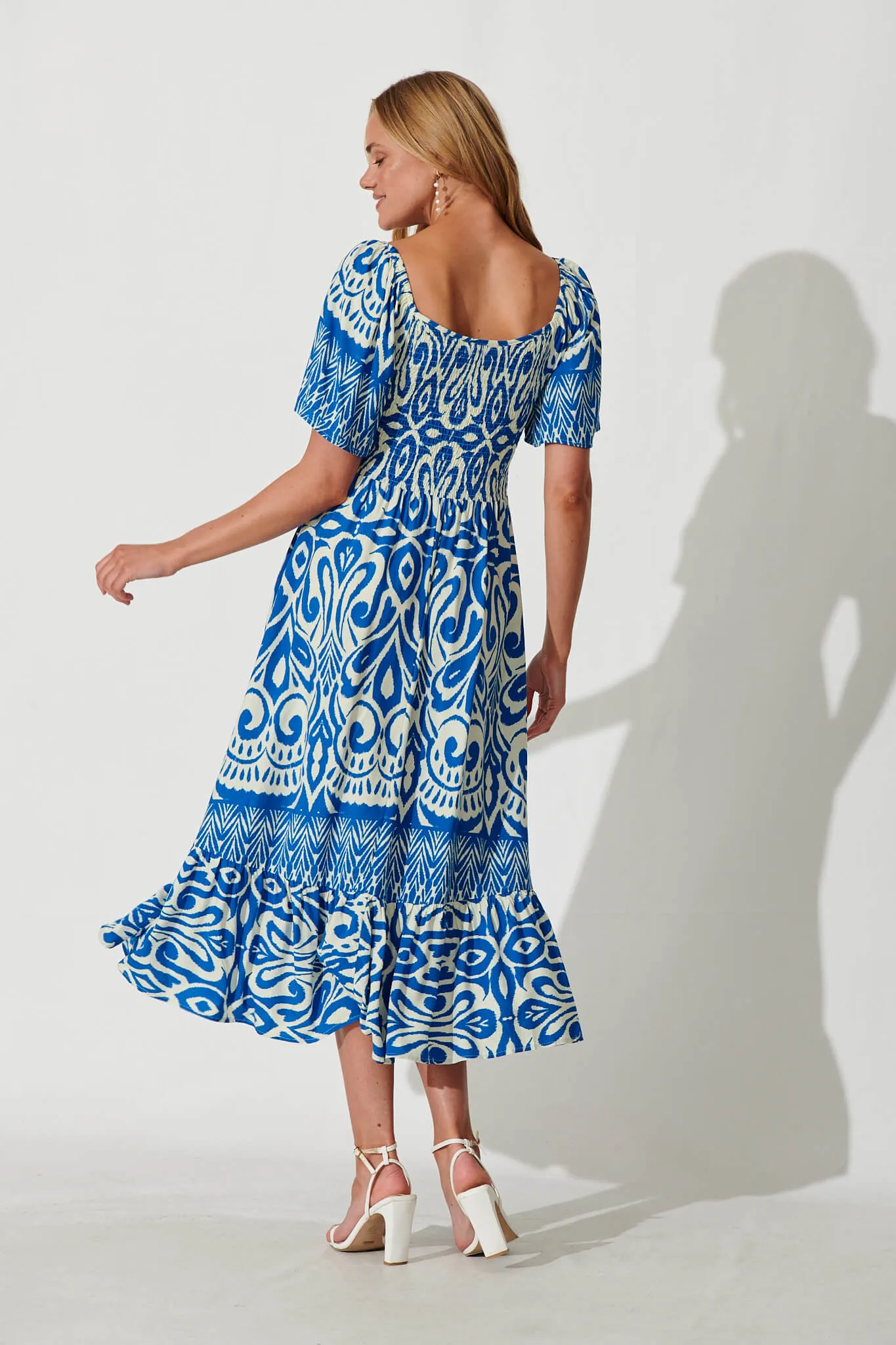 Carmella Maxi Dress In White And Blue Border Print