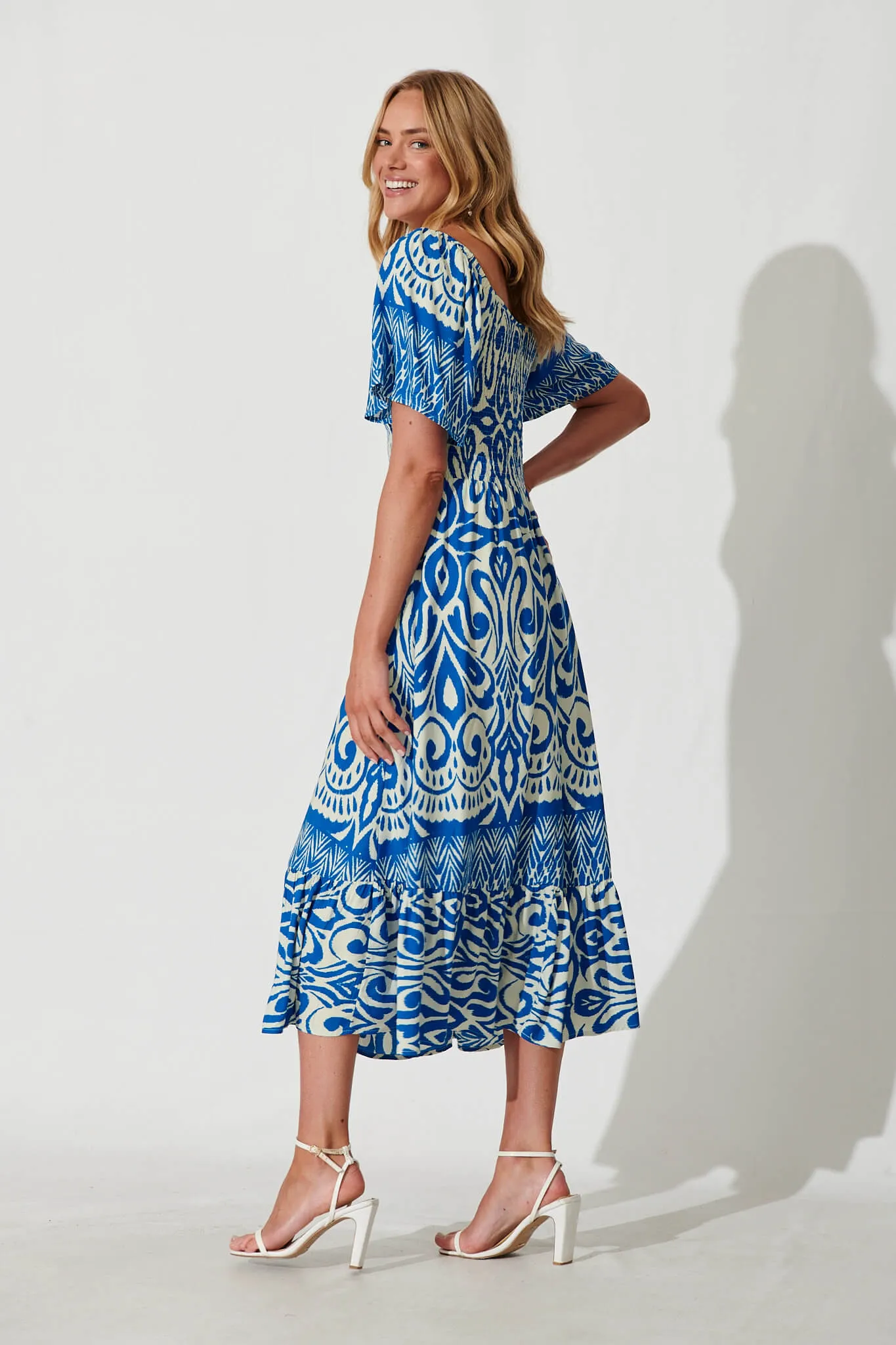 Carmella Maxi Dress In White And Blue Border Print