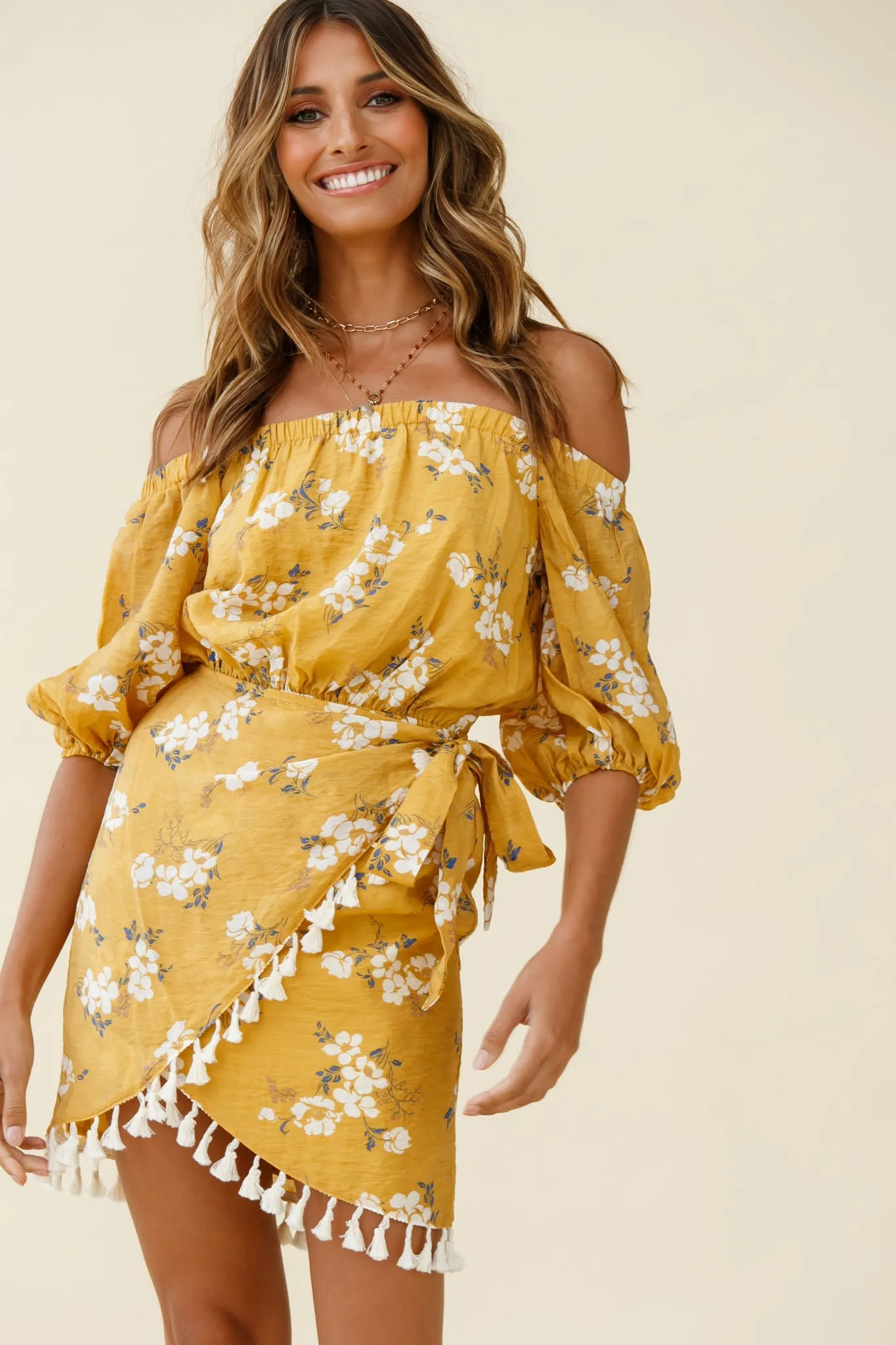 Cayman Tassel Trim Wrap Dress Floral Print Mustard