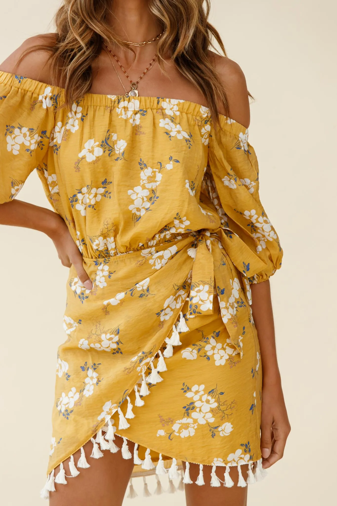 Cayman Tassel Trim Wrap Dress Floral Print Mustard