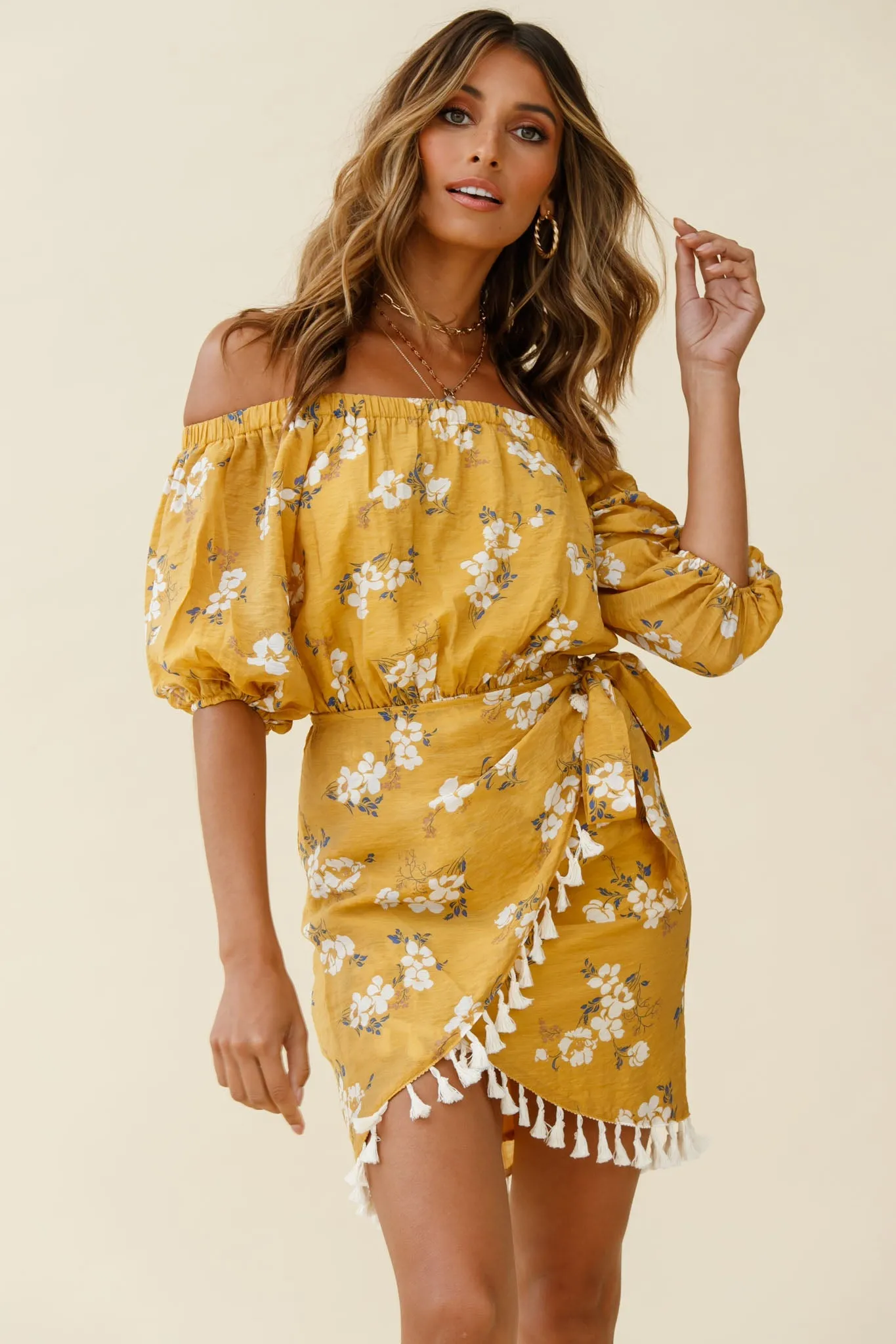 Cayman Tassel Trim Wrap Dress Floral Print Mustard