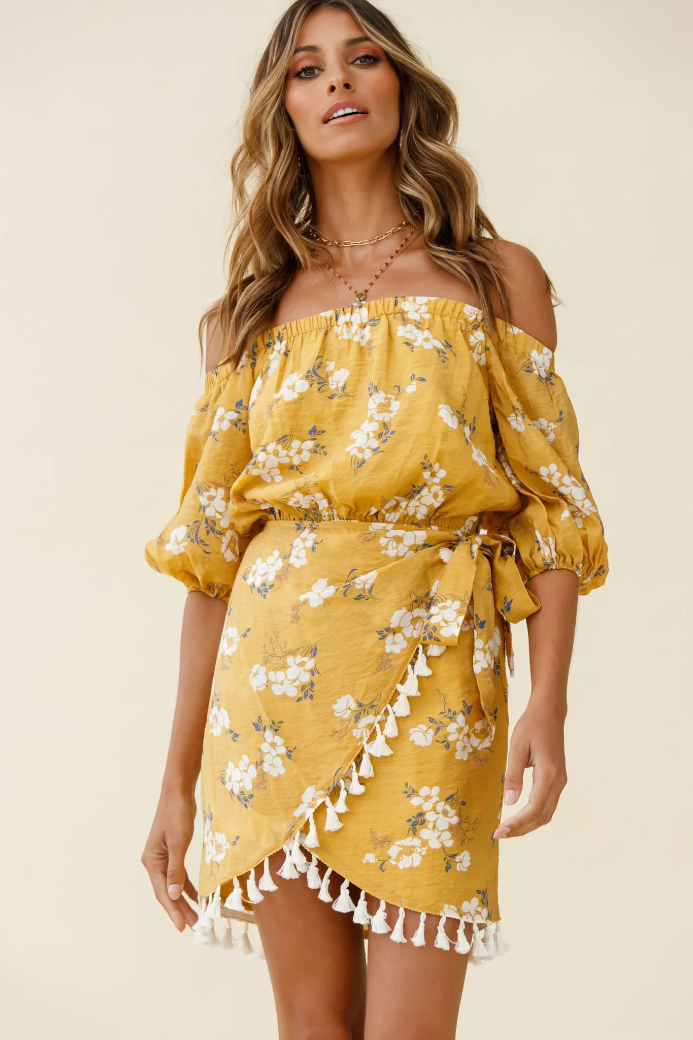 Cayman Tassel Trim Wrap Dress Floral Print Mustard