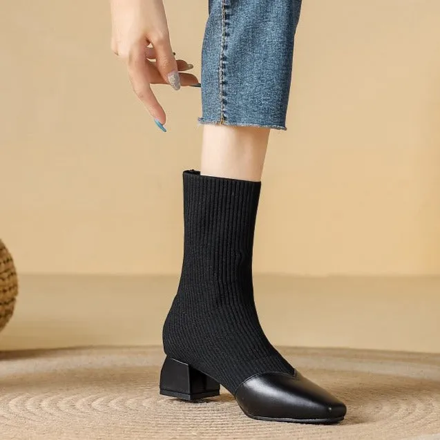 Chunky Heels Knit Stretch Sock Boots