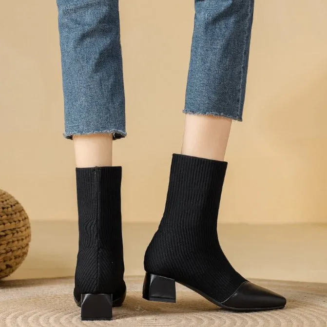 Chunky Heels Knit Stretch Sock Boots