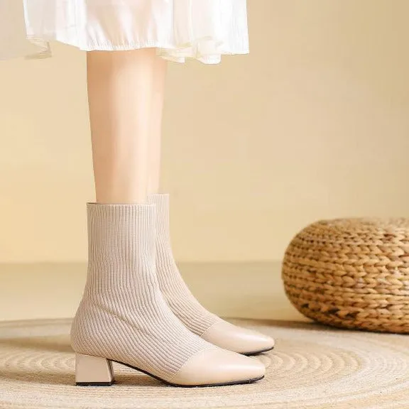 Chunky Heels Knit Stretch Sock Boots