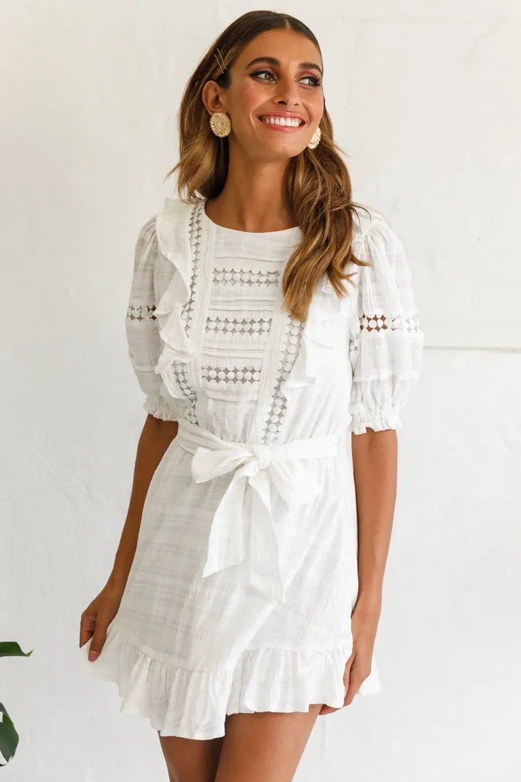 Delia Puff Sleeve Crochet Detail Dress White