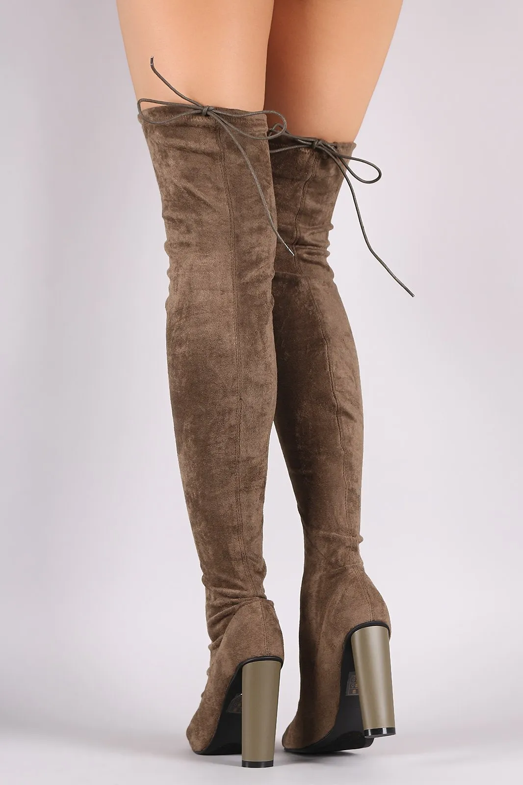 Drawstring Collar Heeled Over-The-Knee Fitted Suede Boots