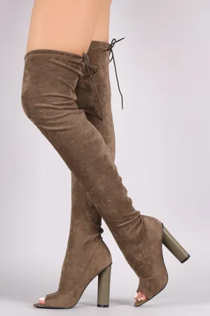 Drawstring Collar Heeled Over-The-Knee Fitted Suede Boots