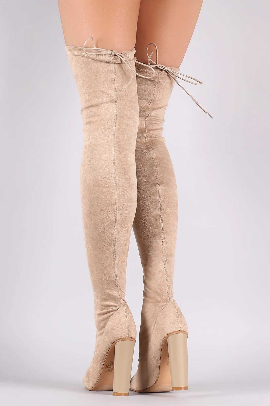 Drawstring Collar Heeled Over-The-Knee Fitted Suede Boots