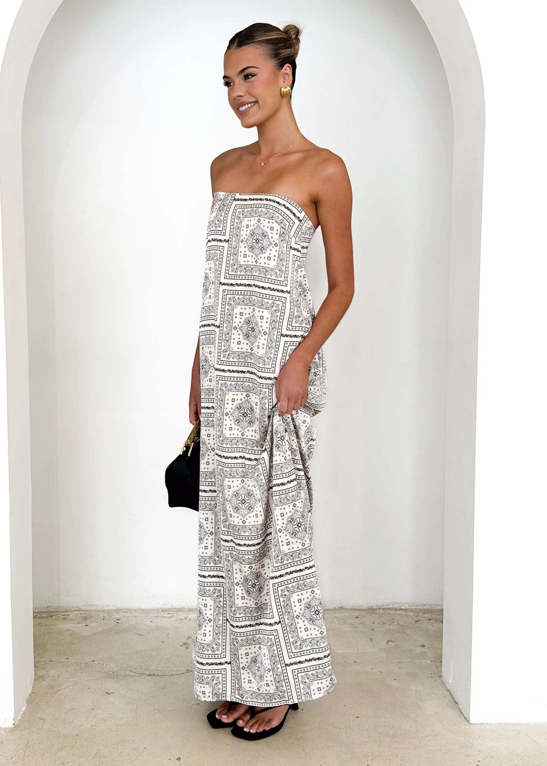 Elsbury Strapless Maxi Dress - Cream Patchwork