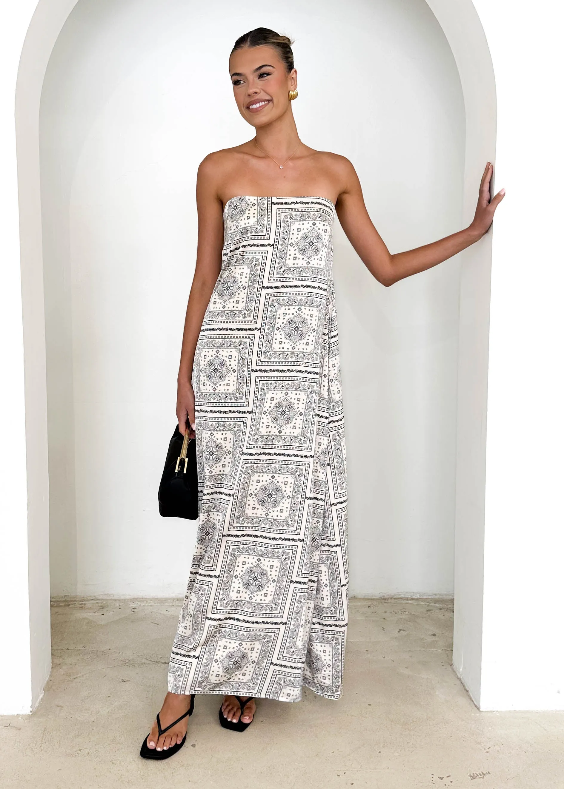 Elsbury Strapless Maxi Dress - Cream Patchwork