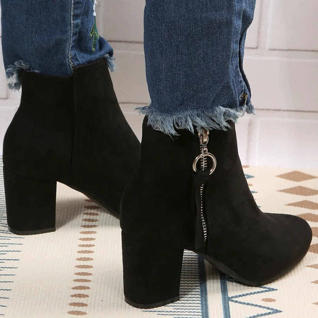 Faux suede chunky block heels ankle boots with side zipper