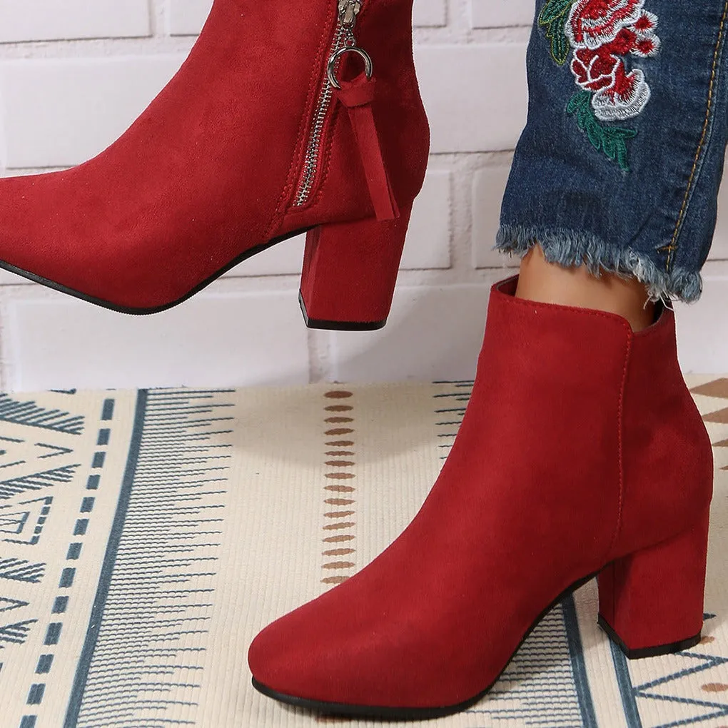 Faux suede chunky block heels ankle boots with side zipper