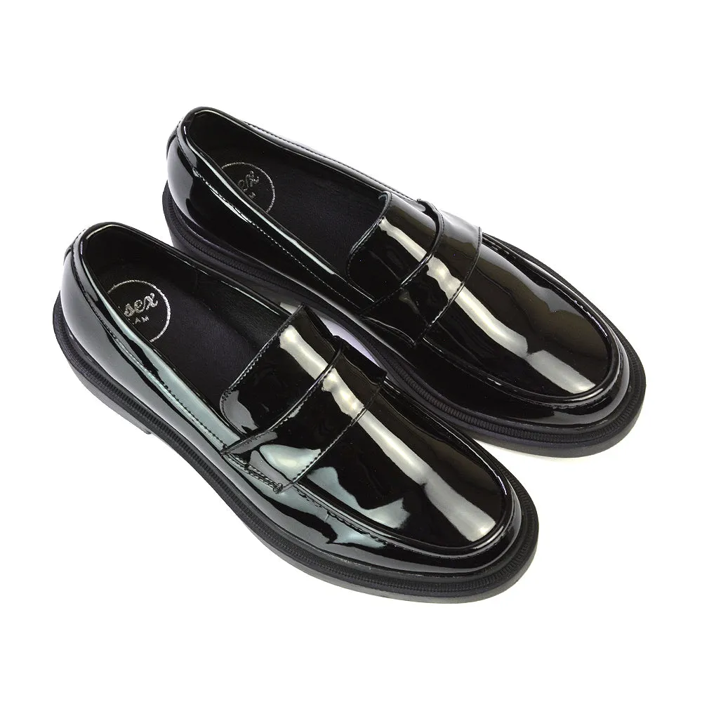 Hanah Chunky Loafers Flat Back To School Shoes In Black Patent