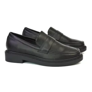 Hanah Chunky Loafers Flat Back To School Shoes In Black Synthetic Leather