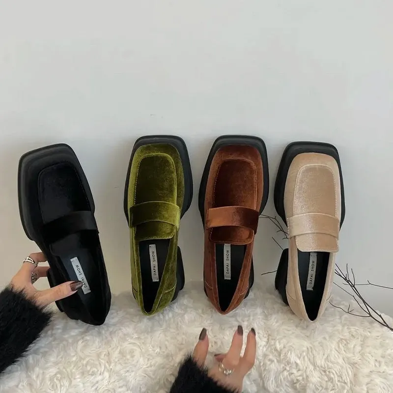 Hnzxzm Chunky Platform Suede Casual Women Shoes Winter Autumn Loafers Square Toe Designer Shoes Fad Punk Dress Mujer Zapatillas