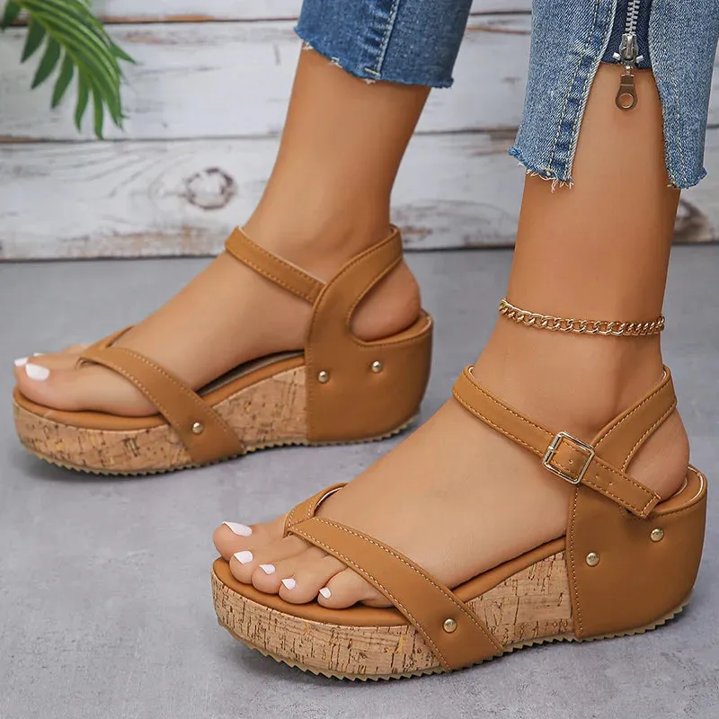 Hnzxzm Clip Toe Wedges Rome Sandals Women 2024 Summer Ankle Buckle Platform Sandalias Mujer Pu Leather Chunky Platform Gladiator Shoes