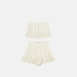 Ibérica Glow Set – Cream – Embroidered top with lace shorts