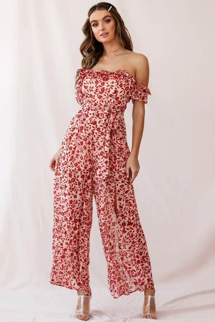 Jazz Bardot Neckline Wide Leg Split Jumpsuit Red