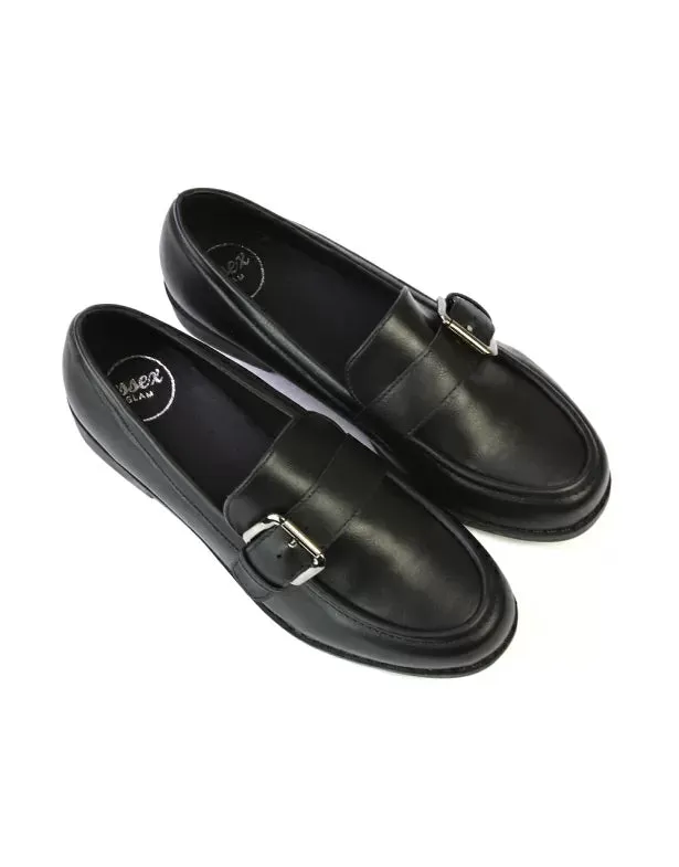 Kali Buckle Up School Shoes Loafers With Chunky Soles in Black Patent