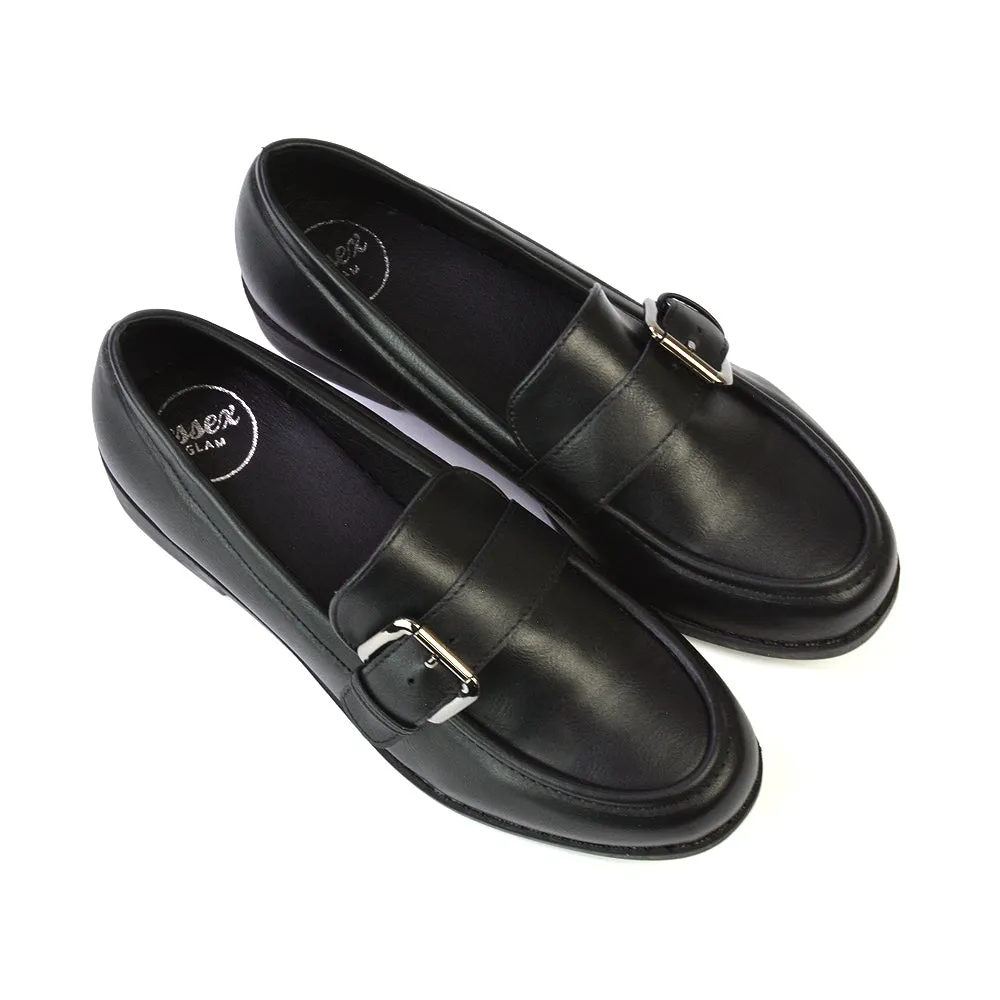 Kali Buckle Up School Shoes Loafers With Chunky Soles in Black Patent