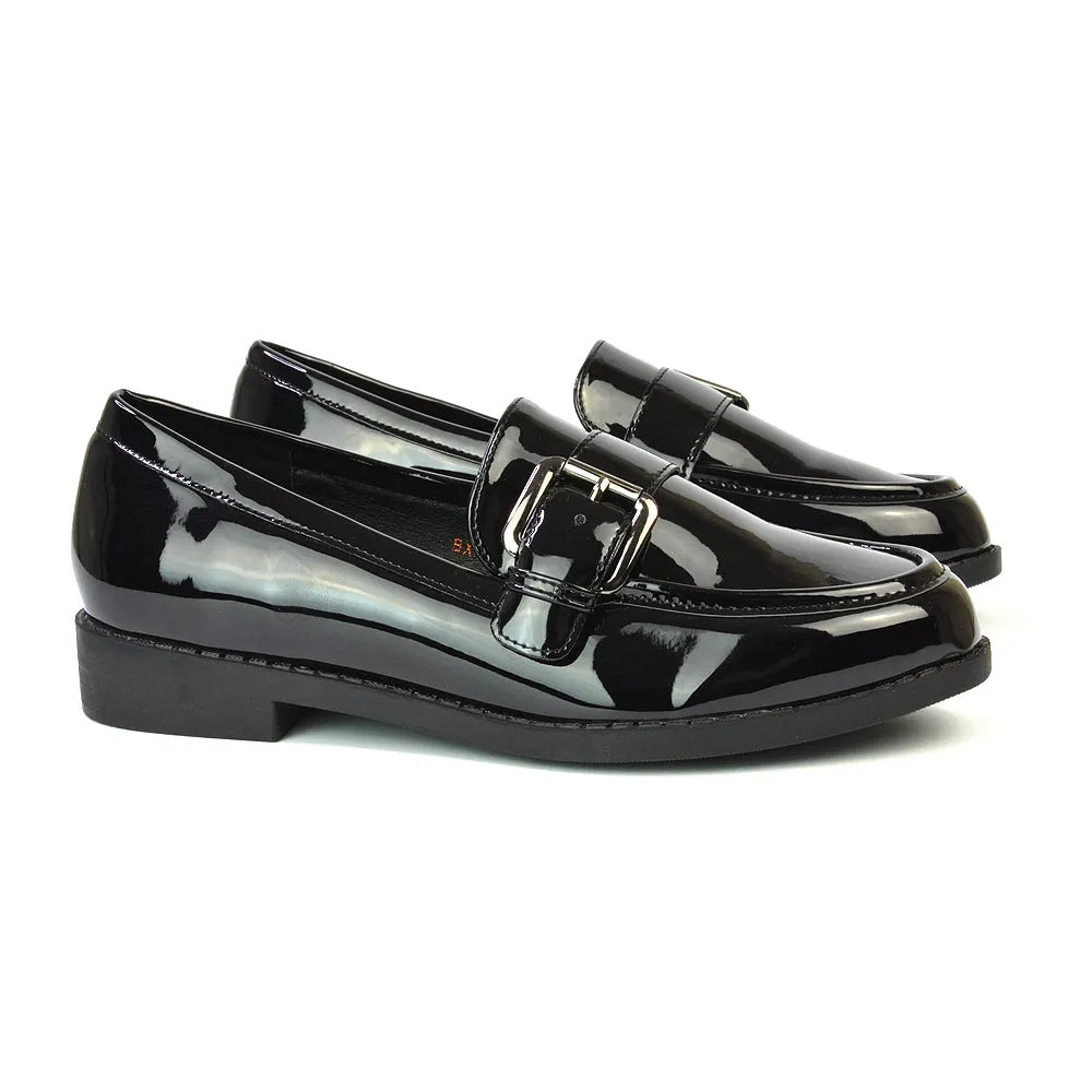 Kali Buckle Up School Shoes Loafers With Chunky Soles in Black Patent