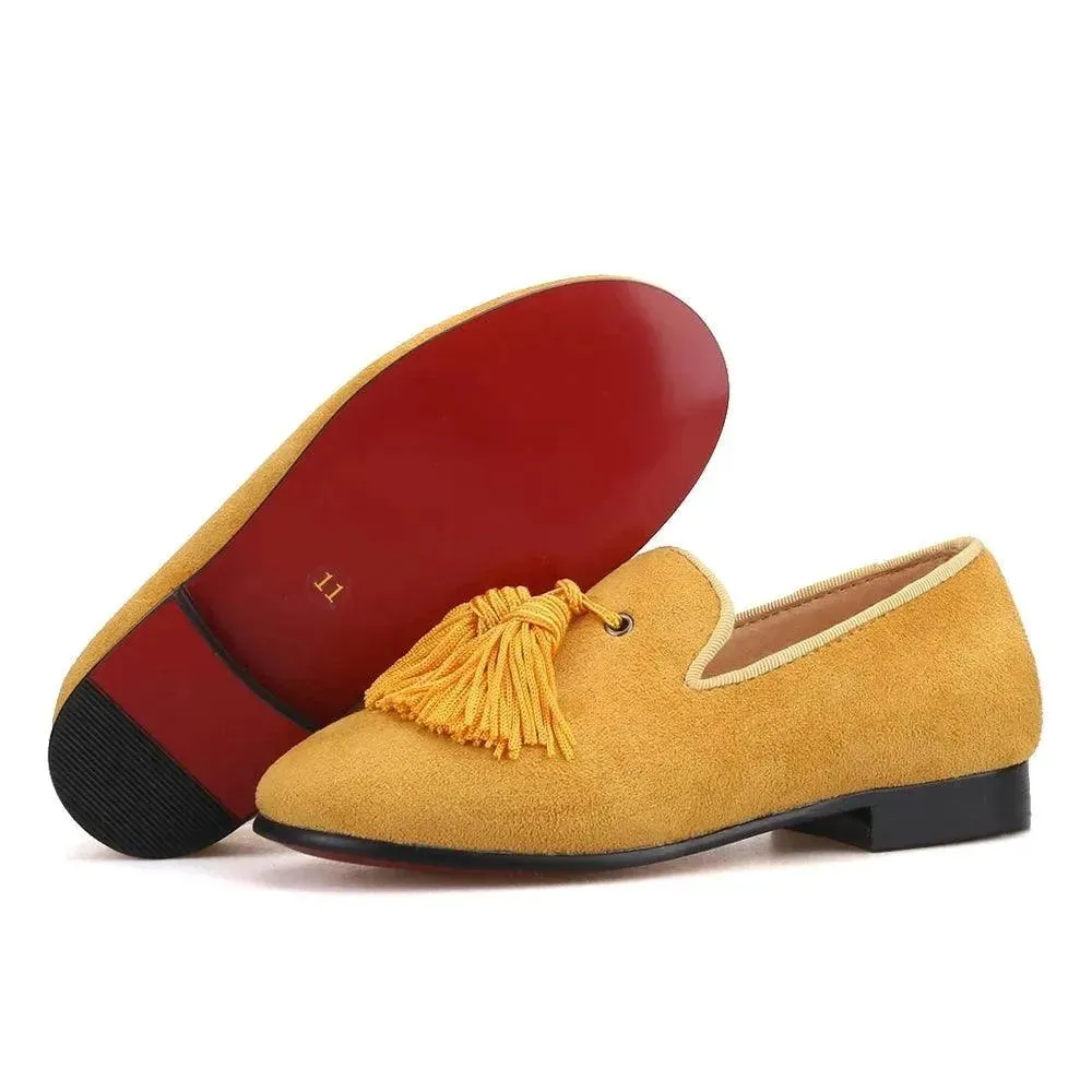 Kids Loafers Gold Suede Kids' Loafer Shoes: Tassel Party Shoes with Signature Red Bottom