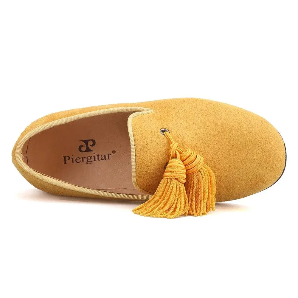 Kids Loafers Gold Suede Kids' Loafer Shoes: Tassel Party Shoes with Signature Red Bottom