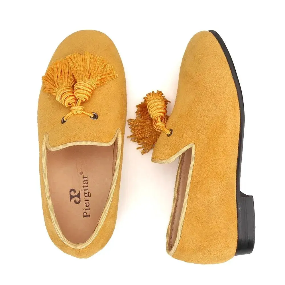 Kids Loafers Gold Suede Kids' Loafer Shoes: Tassel Party Shoes with Signature Red Bottom