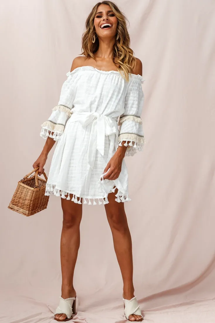 Maya Off-Shoulder Lined Tassel Dress White