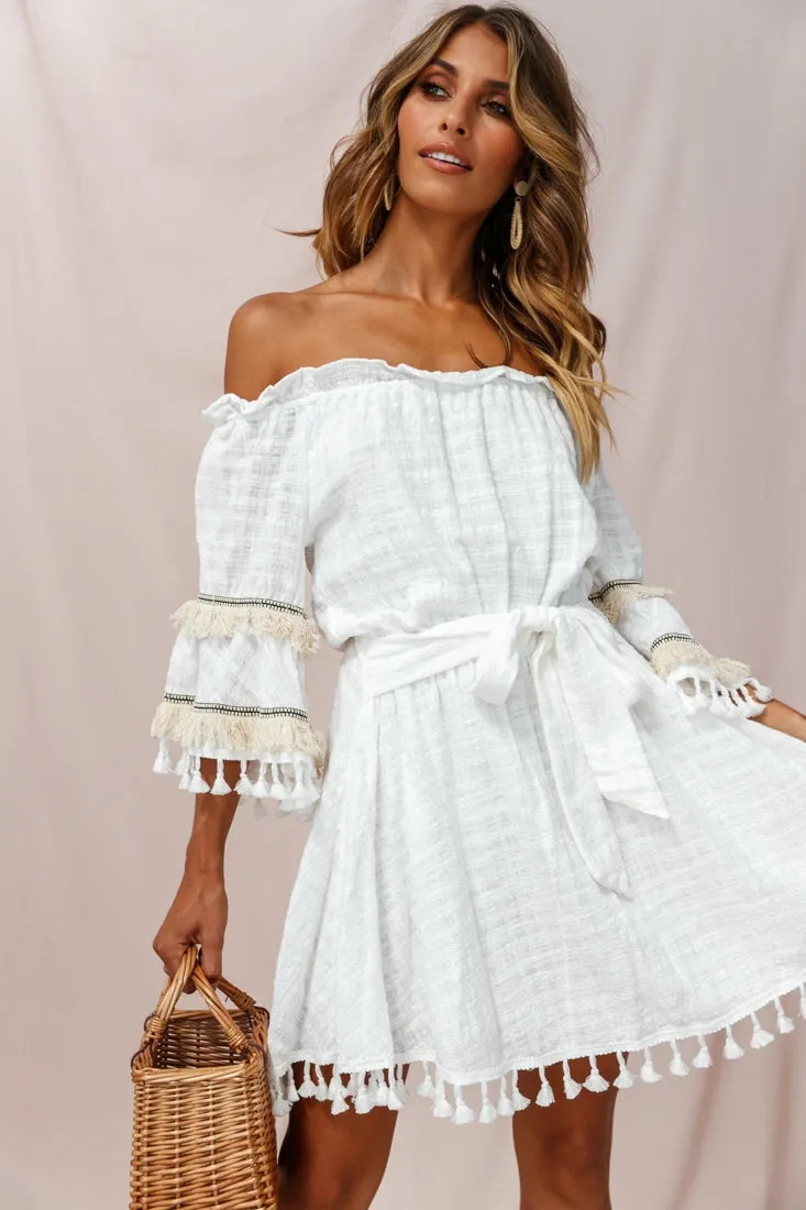 Maya Off-Shoulder Lined Tassel Dress White