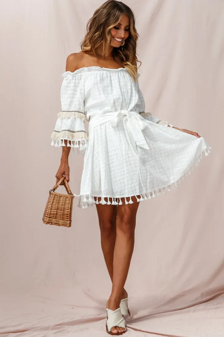 Maya Off-Shoulder Lined Tassel Dress White