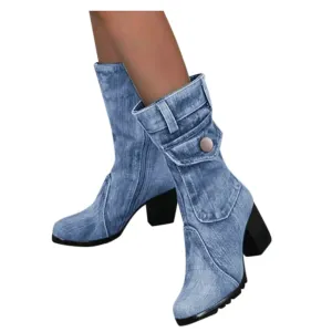 Merendy Marwa zipper Chunky High Heels Plus size blue jeans ankle Boots