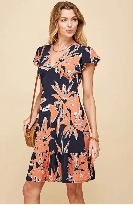 Navy/Orange Floral Ruffle Dress - #6408-6413